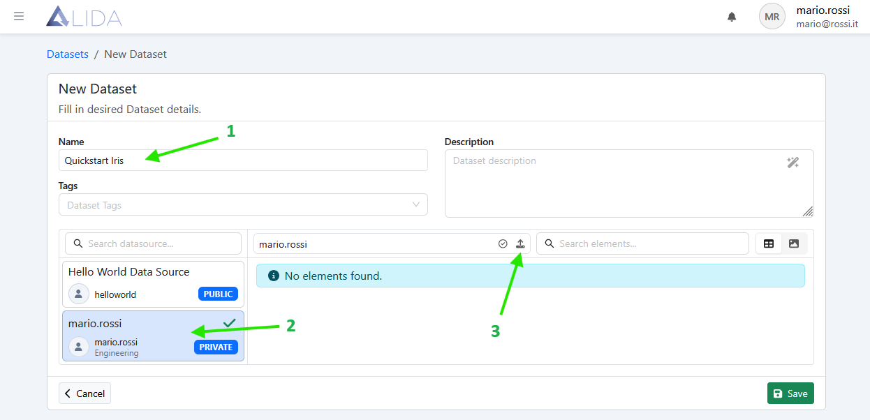 dataset registration form with first steps highlighted