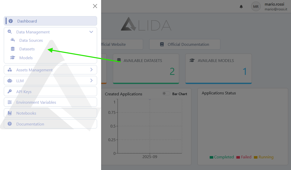 sidebar with datasets highlighted